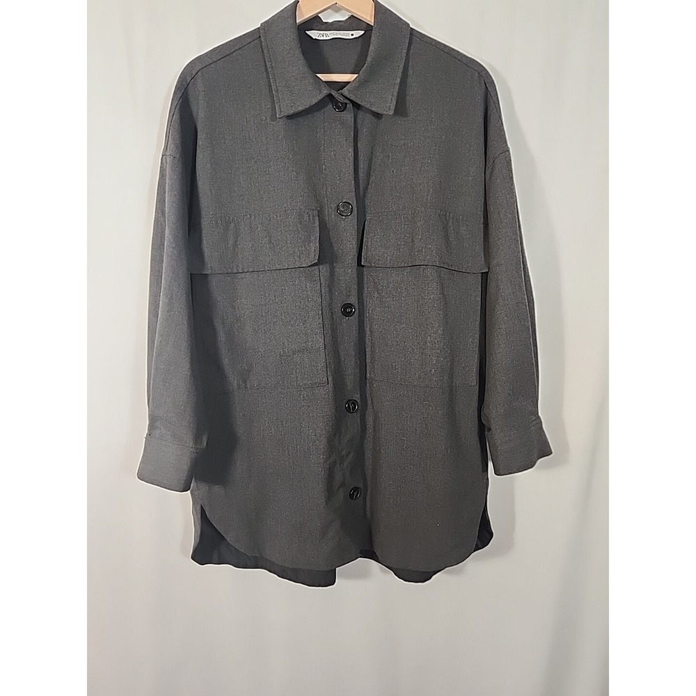 ZARA Oversized Button Front Shirt Jacket Shacket Dark Gray Boxy Utility Womens S - Picture 12 of 12